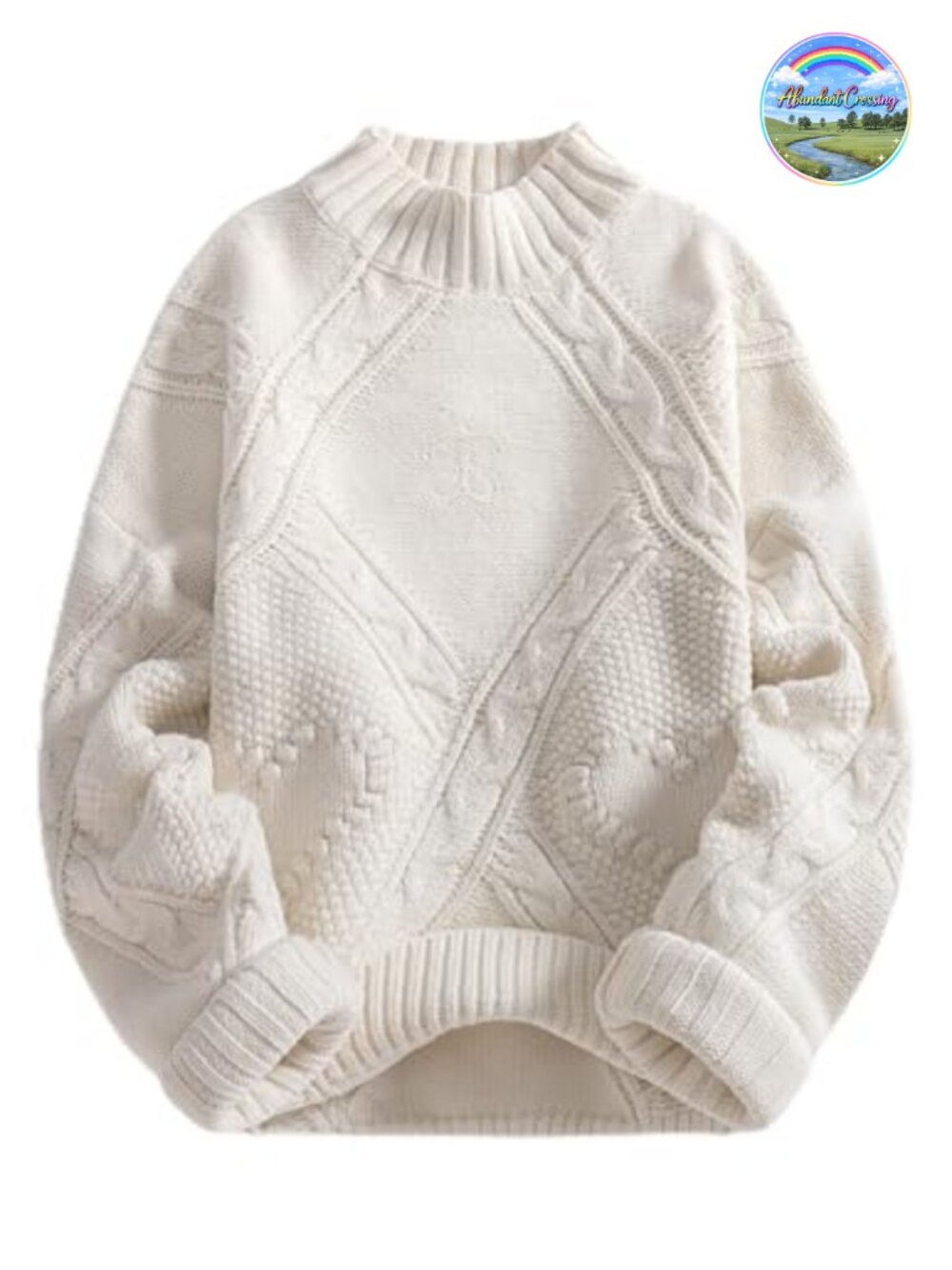Oversized Cable Knit Chunky Sweater Mock Neck Long Sleeve Heart Pullover